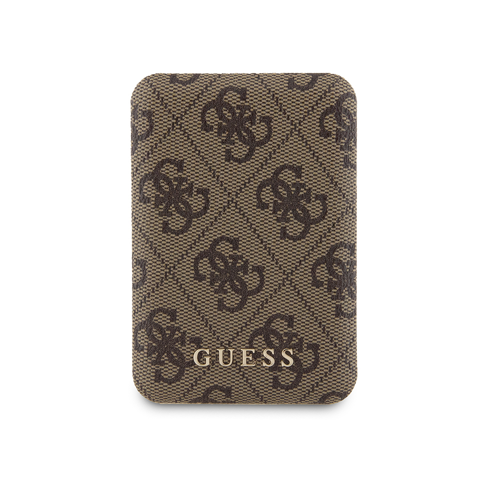 Guess Orjinal Lisanslı Dijital Led Göstergeli PU Deri 4G Desenli Metal Yazı Logolu Powerbank 5000mAh 15W - Kahverengi