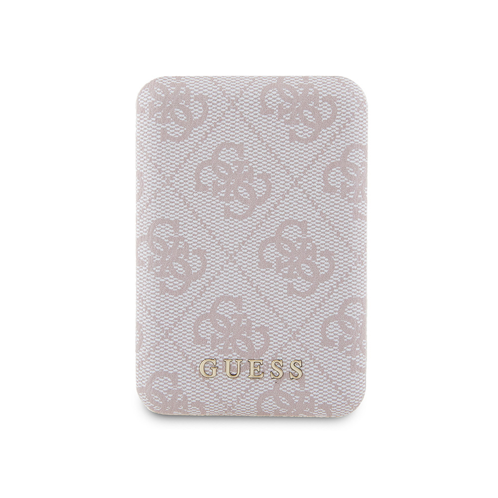 Guess Orjinal Lisanslı Dijital Led Göstergeli PU Deri 4G Desenli Metal Yazı Logolu Powerbank 5000mAh 15W - Pembe