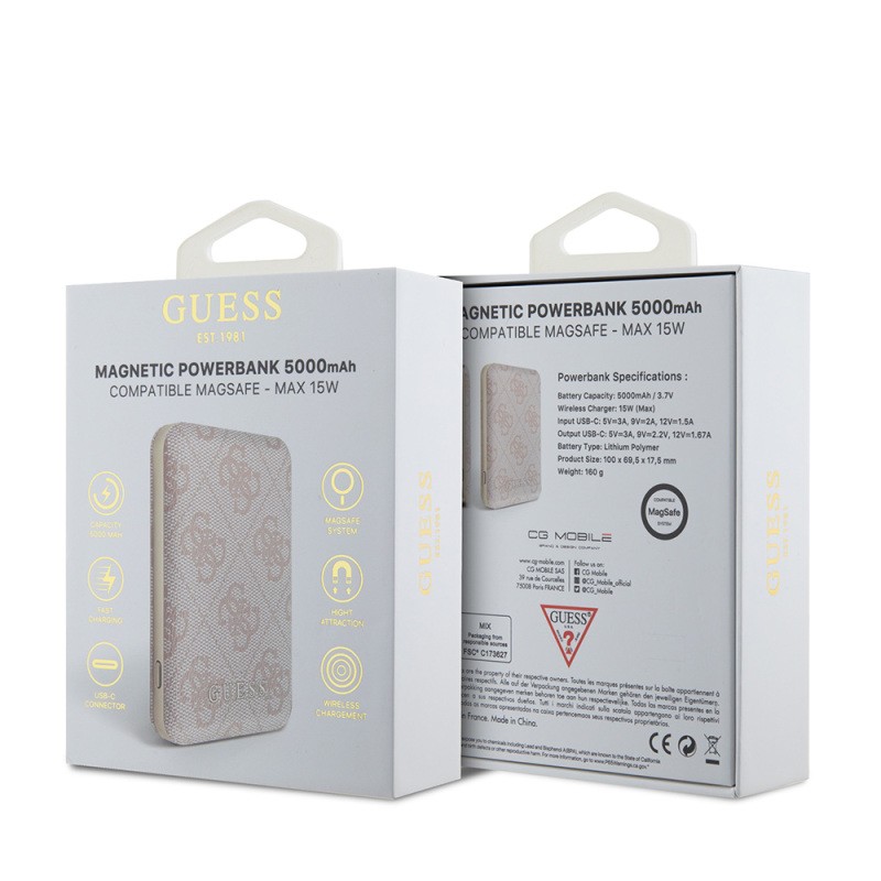 Guess Orjinal Lisanslı Dijital Led Göstergeli PU Deri 4G Desenli Metal Yazı Logolu Powerbank 5000mAh 15W - 16