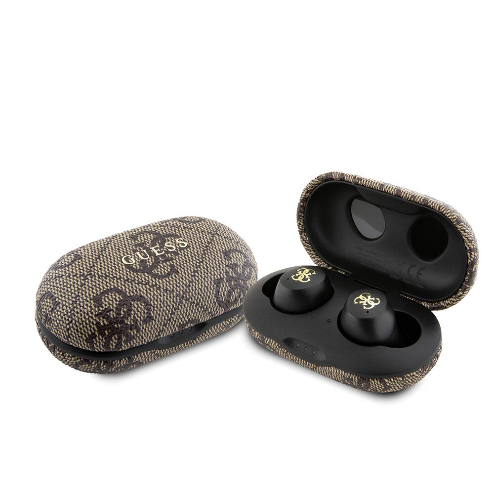 Guess Orjinal Lisanslı Klasik Metal Yazı Logolu TWS Kulak İçi Bluetooth Kulaklık - Kahverengi
