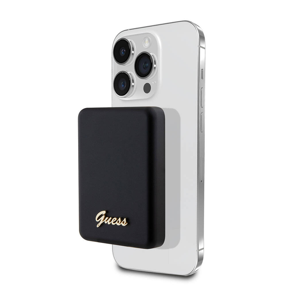 Guess Orjinal Lisanslı M-safe Şarj Özellikli Metal Yazı Logolu Powerbank 5000mAh 15W - Siyah