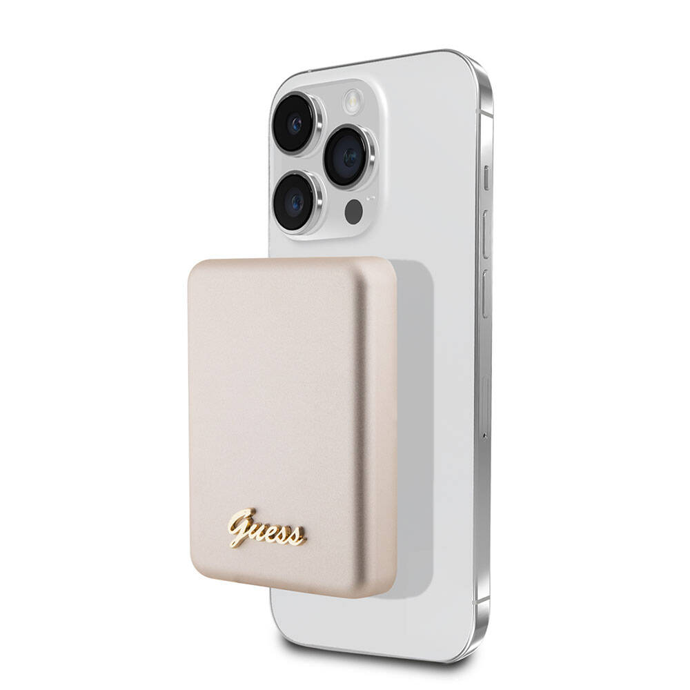 Guess Orjinal Lisanslı M-safe Şarj Özellikli Metal Yazı Logolu Powerbank 5000mAh 15W - Gold