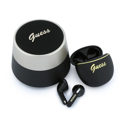 Guess Orjinal Lisanslı Metal Yazı Logolu Kulak içi TWS Kulaklık ve Speaker Hoparlör 2in1 Set