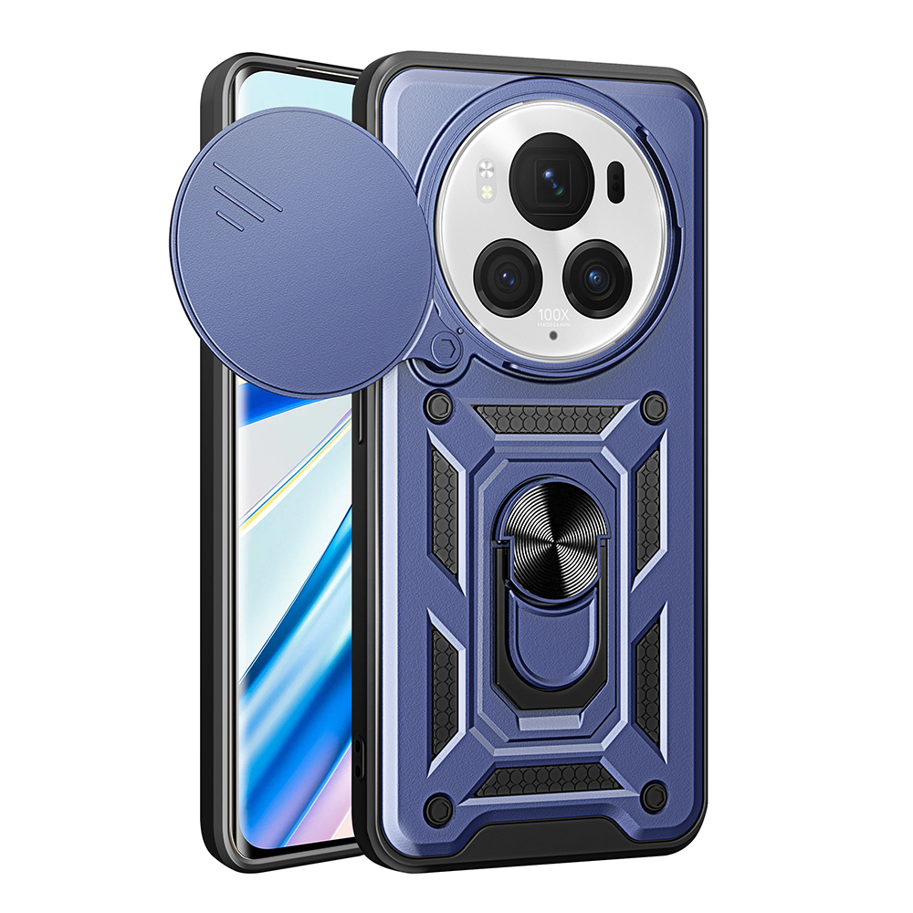 Honor Magic 6 Pro Kılıf Magnetik Standlı Kamera Korumalı Zore Sürgülü Vega Kapak - Mavi
