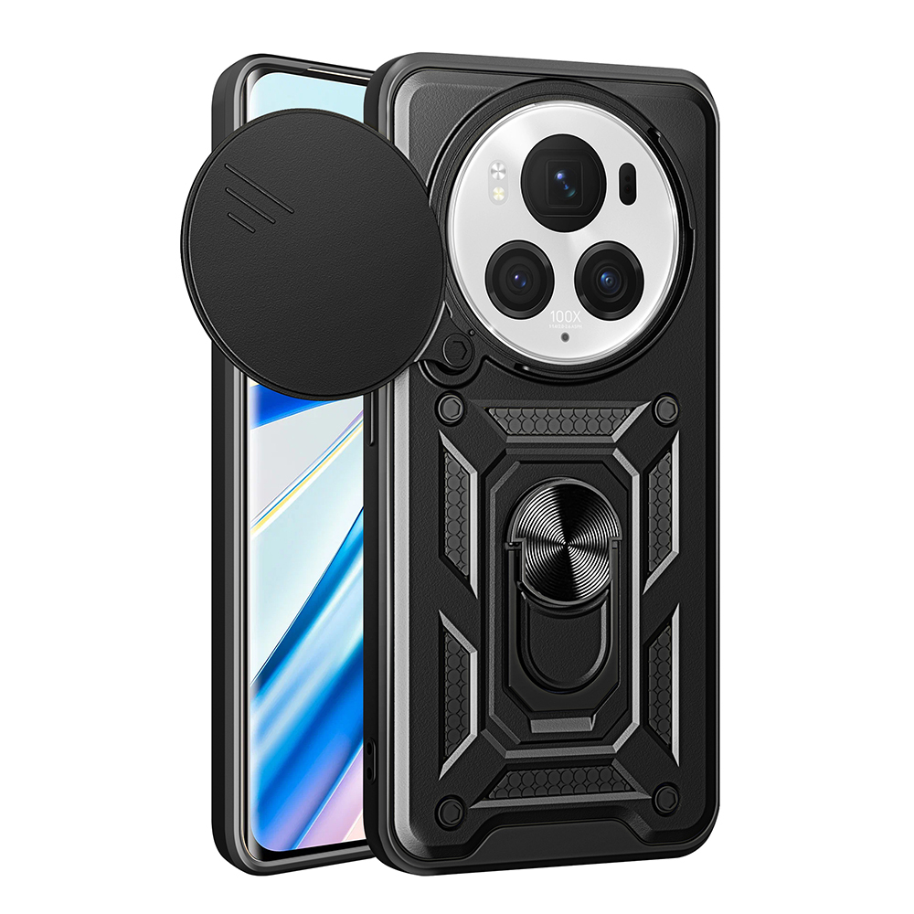 Honor Magic 6 Pro Kılıf Magnetik Standlı Kamera Korumalı Zore Sürgülü Vega Kapak - Siyah