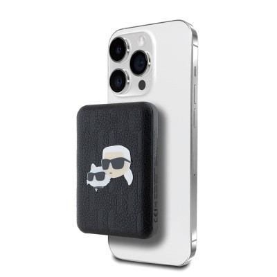 Karl Lagerfeld Orjinal Lisanslı M-safe Şarj Özellikli Led Işık Göstergeli Metal Logolu PU Deri Powerbank 5000mAh Siyah