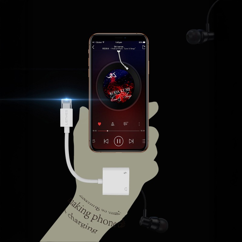 Lenyes AX92 Lightning to Lightning 2in1 Charging and Headphone Converter Adapter - 5
