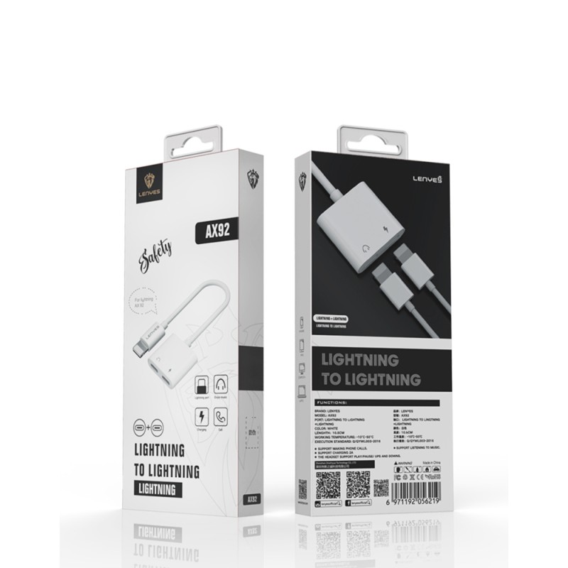 Lenyes AX92 Lightning to Lightning 2in1 Charging and Headphone Converter Adapter - 9