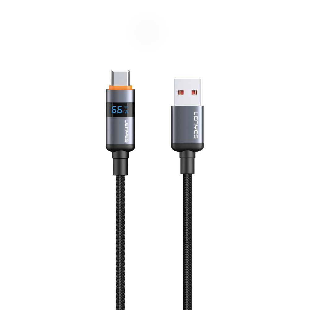 Lenyes LC529 USB-A to Type-C LED Dijital Göstergeli Hızlı Şarj Özellikli Data ve Şarj Kablosu 66W 1M - Siyah