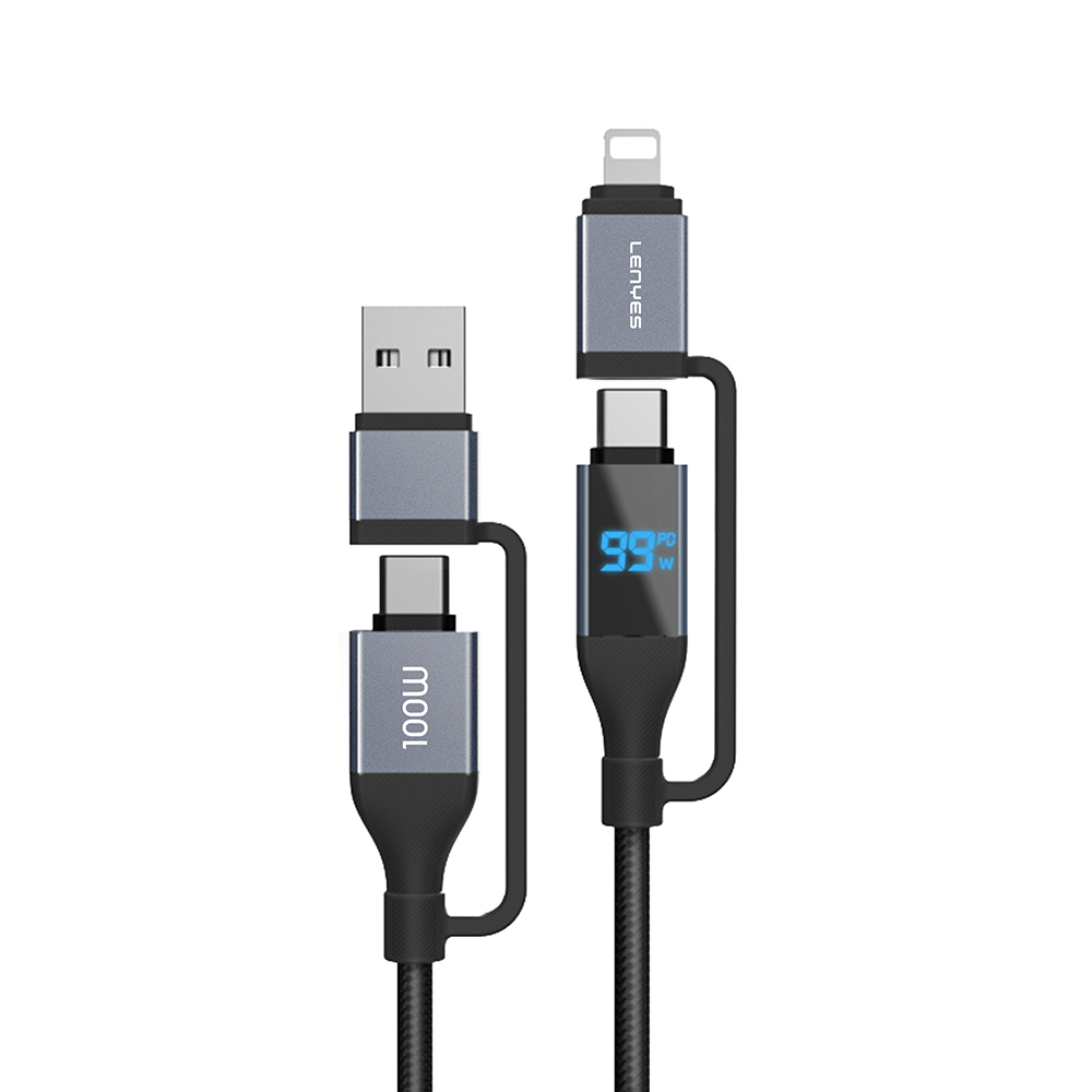 Lenyes LC542 Dijital Göstergeli 4in1 USB-A - Type-C + Type-C to Lightning 100W 1M - Siyah