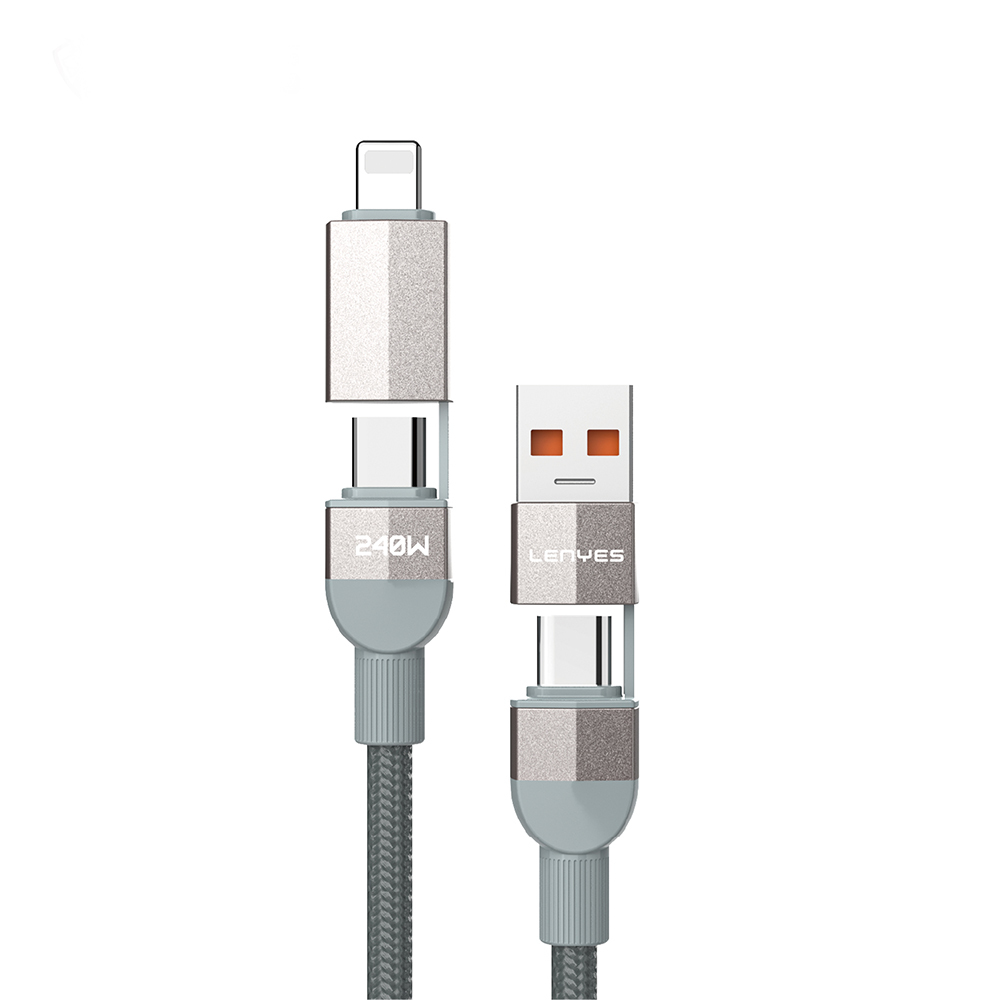 Lenyes LC543 4in1 Hızlı Şarj Özellikli USB-A - Type-C + Type-C to Lightning Data ve Şarj Kablosu 240W 1M - Gri
