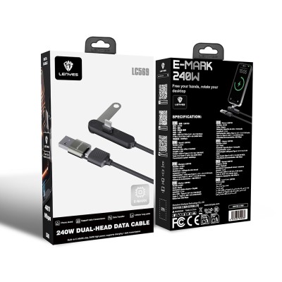 Lenyes LC569 2-in-1 USB-A to Type-C + Type-C Data and Charging Cable with Stand, 240W, 1.2M - 7