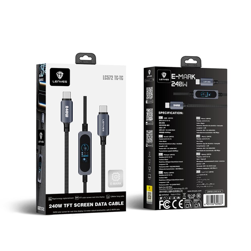 Lenyes LC572 TFT Ekranlı Type-C to Type-C Data ve Şarj Kablosu 240W 1.2M - 6