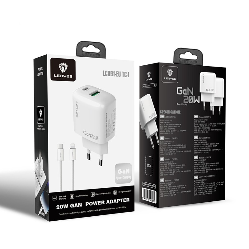 Lenyes LCH91-TC-L Type-C to Lightning GaN Technology PD and USB Fast Charging Charger Set 20W - 3