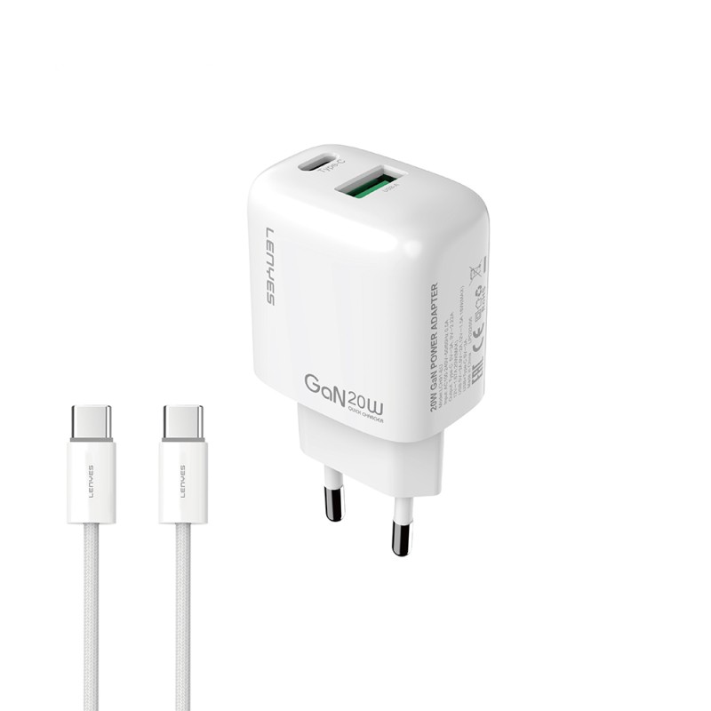 Lenyes LCH91-TC-TC Type-C to Type-C GaN Technology PD and USB Fast Charging Feature Charger Set 20W - 1