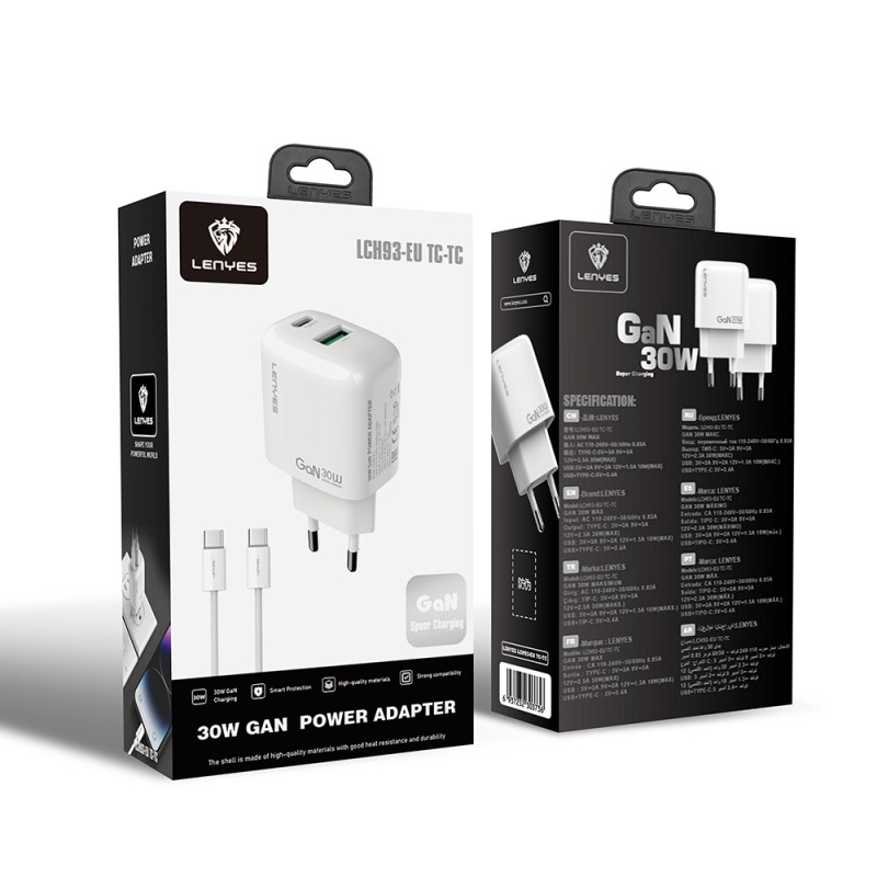 Lenyes LCH93-TC-TC Type-C to Type-C GaN Technology PD and USB Fast Charging Feature Charger Set 30W - 3