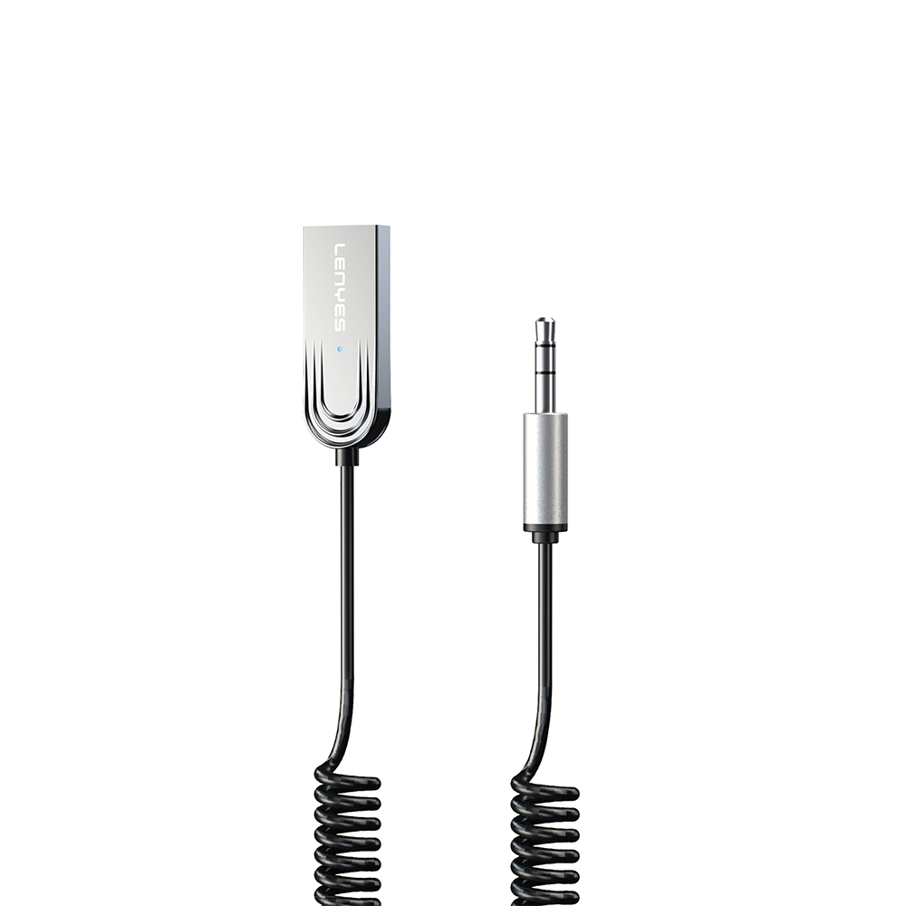 Lenyes LR208 Spiral Kablo Tasarımlı Dahili Mikrofonlu Kablosuz Ses Alıcı AUX Bluetooth v5.3 Adaptör - Gümüş
