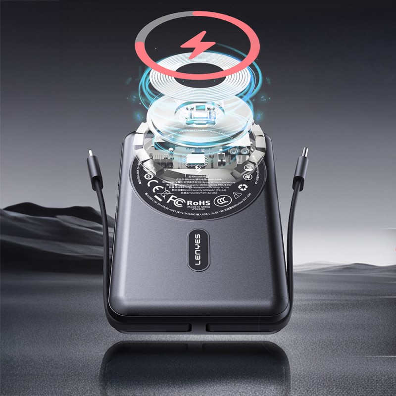 Lenyes P571 PD 22.5W Stand Powerbank with M-safe Charging, Type-C and Lightning Cables, 15W 10000mAh - 3