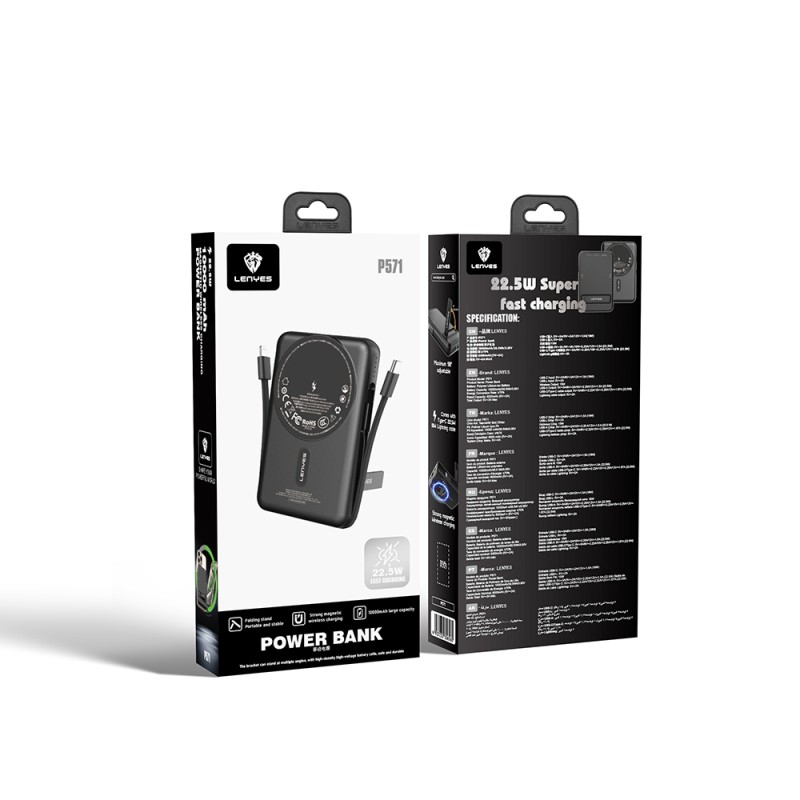 Lenyes P571 PD 22.5W Standlı M-safe Şarj Özellikli Type-C ve Lightning Kablolu Powerbank 15W 10000mAh - 6