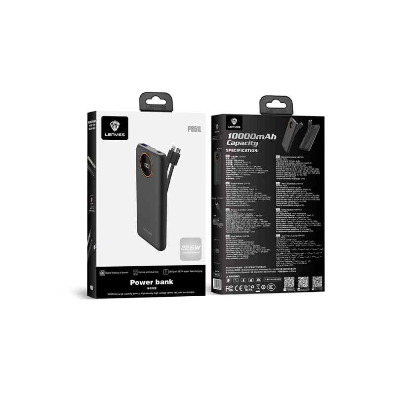 Lenyes P851L Dijital LED Göstergeli Type-C ve Lightning Kablolu Powerbank 22.5W 10000mAh - 7