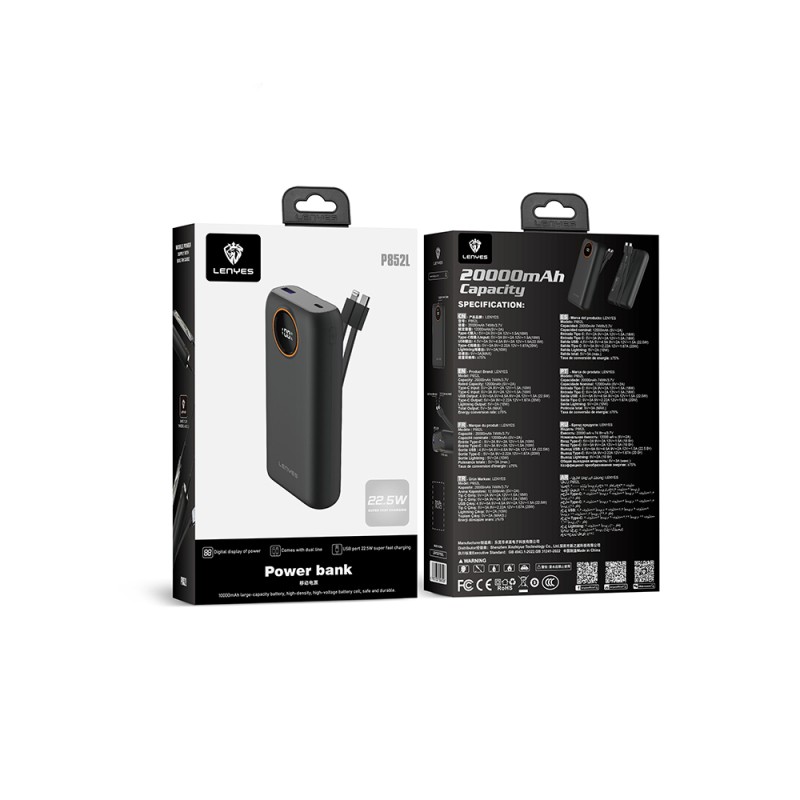 Lenyes P852L Dijital LED Göstergeli Type-C ve Lightning Kablolu Powerbank 22.5W 20000mAh - 7