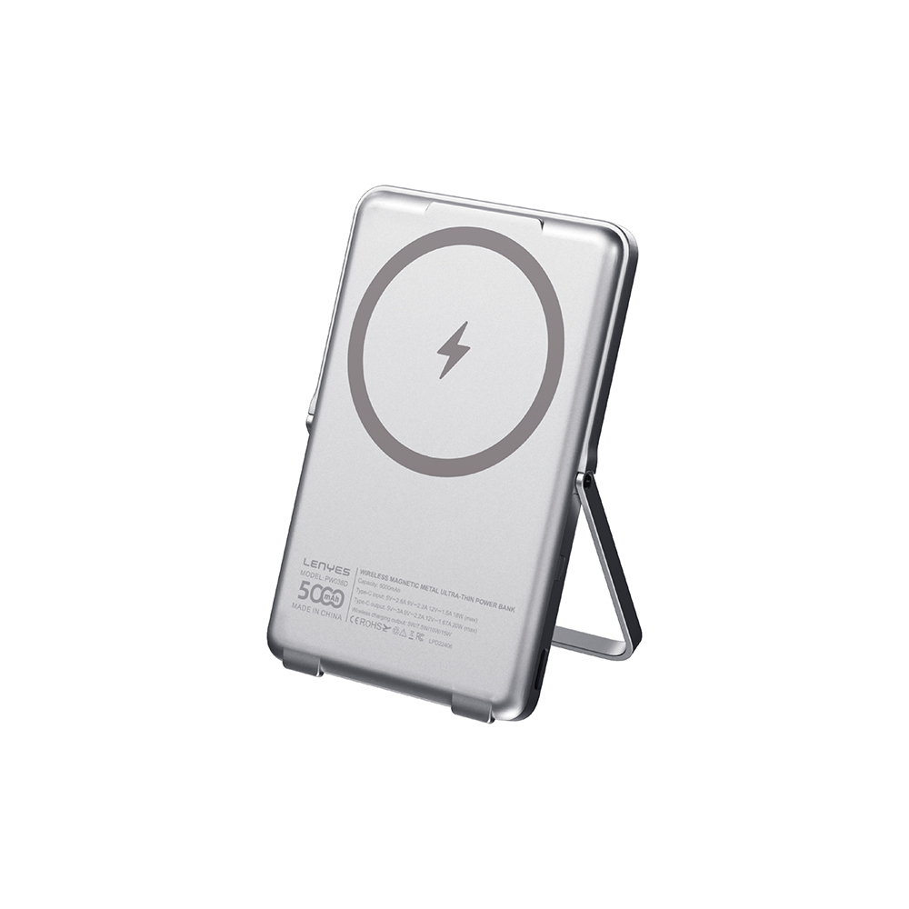 Lenyes PW038D 20W Ultra İnce Standlı Wireless Powerbank 15W 5000mAh - Gümüş