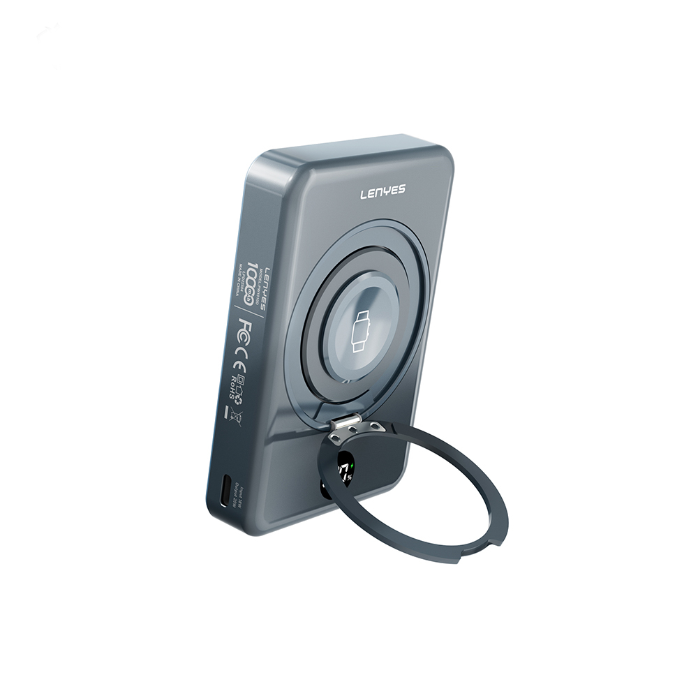 Lenyes PW1010D PD 20W Dijital LED Göstergeli Akıllı Saat Kablosuz Şarj Özellikli Standlı Wireless Powerbank 15W 10000mAh - Gri