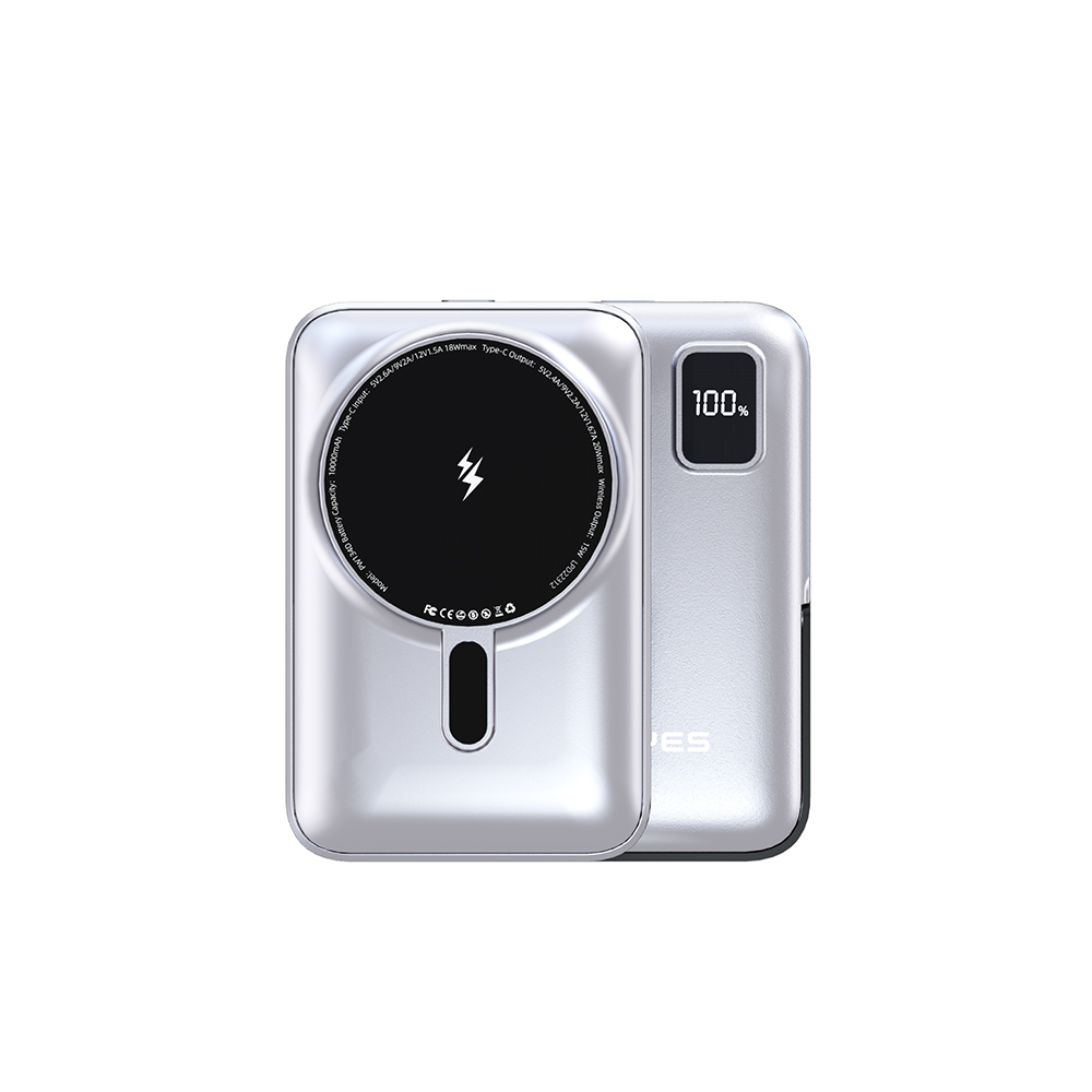 Lenyes PW134D 20W Ultra İnce Dijital LED Ekranlı Standlı Wireless Powerbank 15W 10000mAh - Gümüş