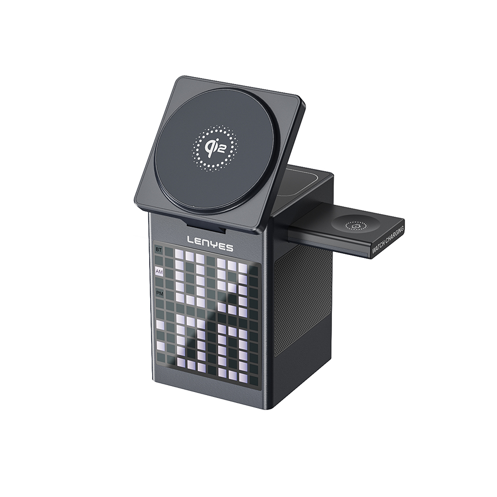 Lenyes PW320 Qi2 Şarj Teknolojili Alarmlı Bluetooth Speaker Özellikli Telefon&Akıllı Saat&Kulaklık 15W 6in1 Kablosuz Şarj Standı - Gri