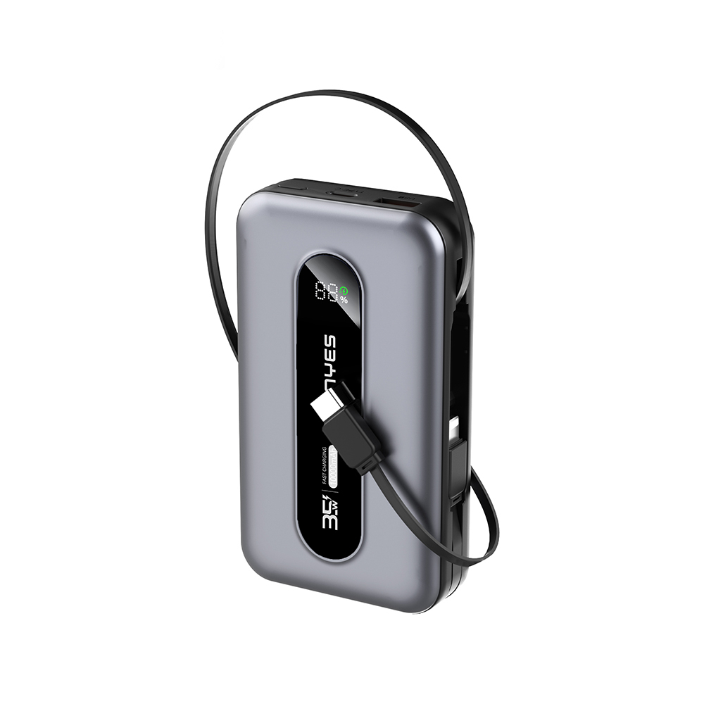 Lenyes PX1002D Dijital LED Göstergeli Teleskopik Type-C ve Lightning Kablolu Powerbank 35W 10.000mAh - Gri