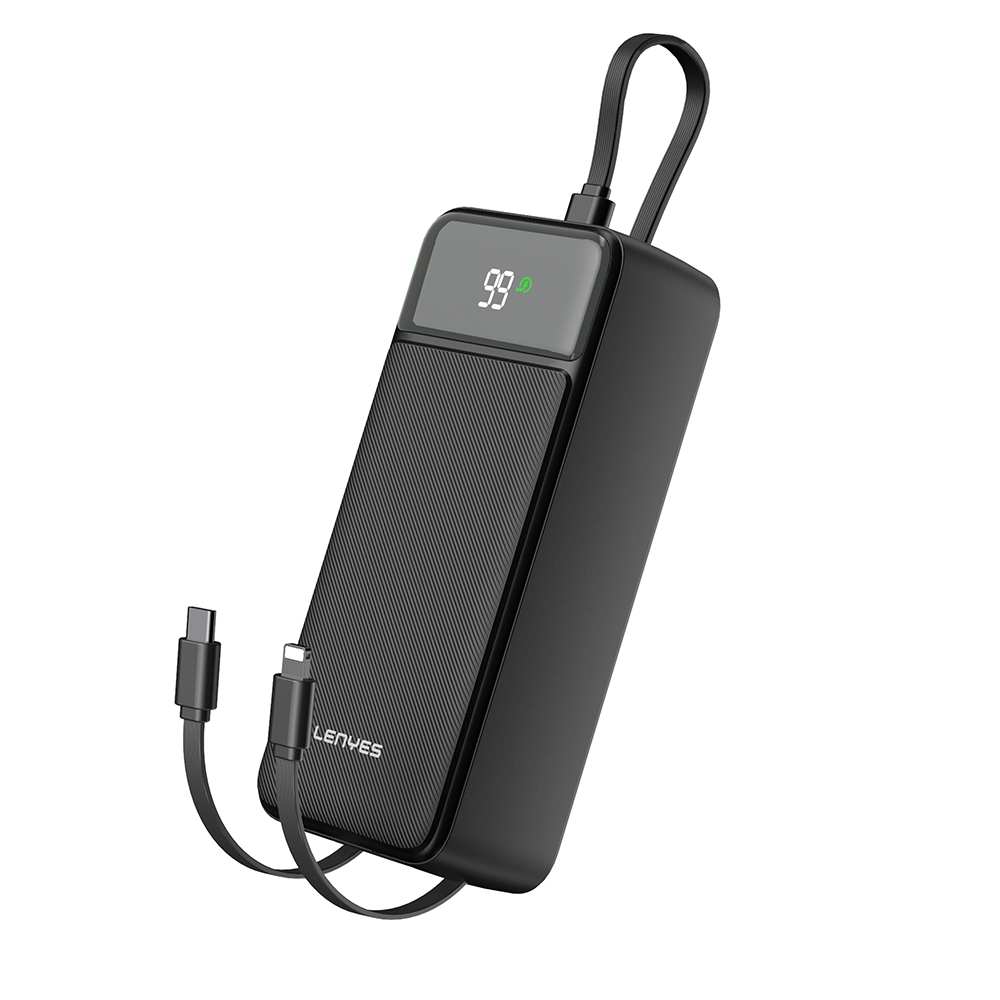 Lenyes PX355D Dijital LED Ekranlı Type-C ve Lightning Kablolu Powerbank 22.5W 30.000mAh - Siyah
