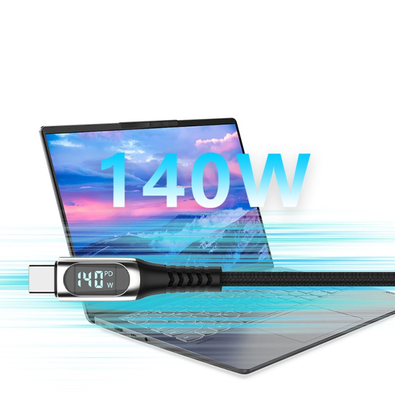 Micflip A08 Type-C to Type-C Data and Charging Cable with Digital LED Display, 140W, 1M - 5