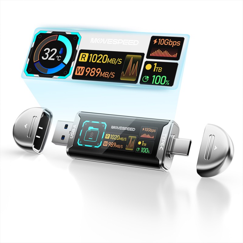 Movespeed MSSU10 128GB 10Gbps PSSD Flash Drive with LCD Screen, 4K ProRes Support, and Dual USB-A/Type-C Connectivity - 6