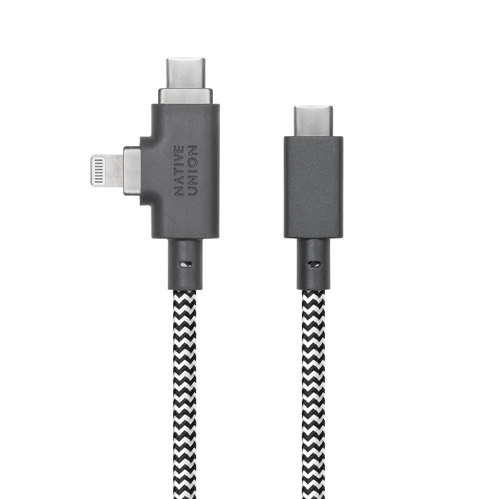 Native Union Belt Serisi Duo Pro Type-C to Type-C - Lightning Şarj Kablosu 240W 2.4M - Siyah-Beyaz