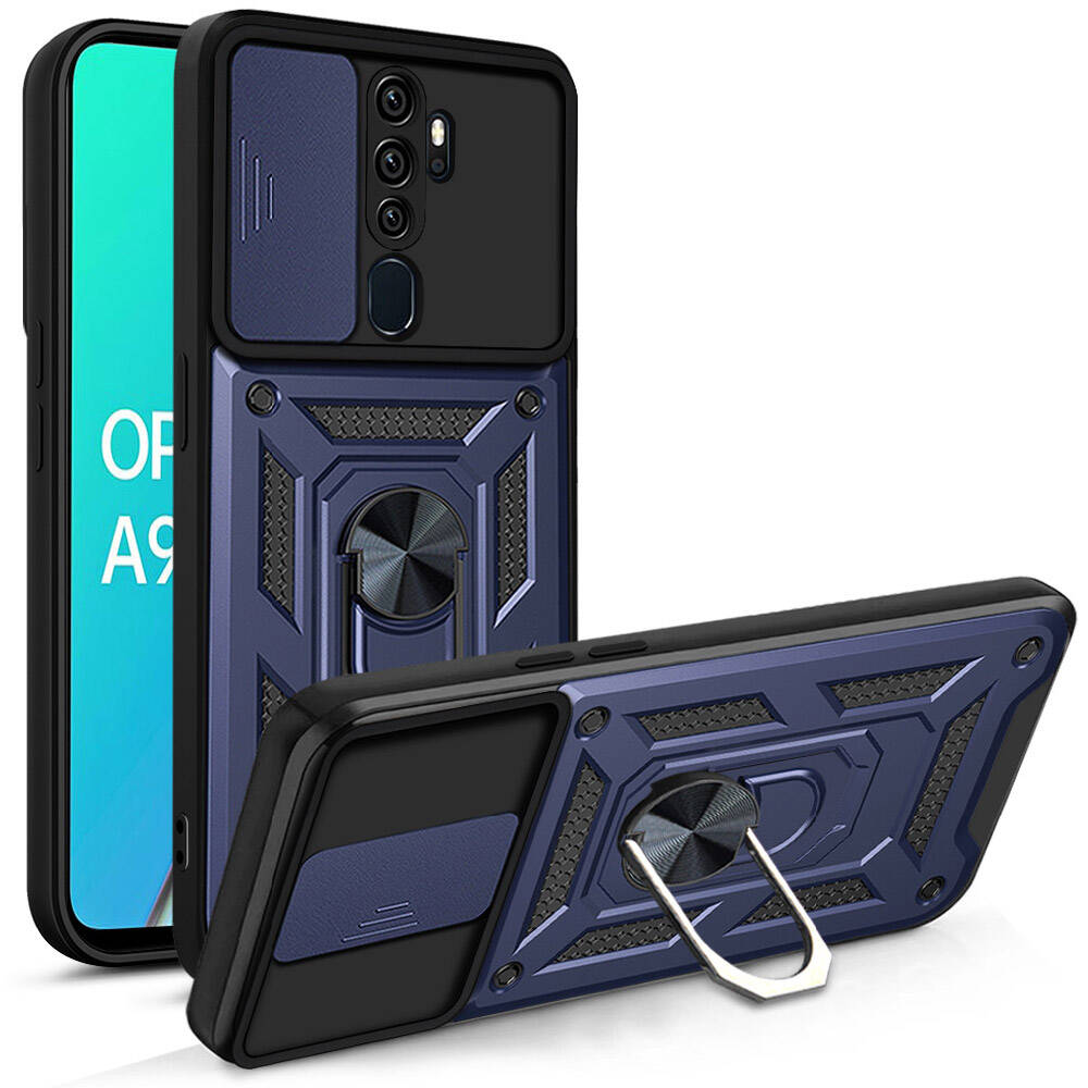 Oppo A9 2020 Kılıf Magnetik Standlı Kamera Korumalı Zore Sürgülü Vega Kapak - Mavi