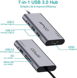 Qgeem QG-UH07-A Type-C Çoğaltıcı ve Dönüştürücü Hub Usb 3.0 HDMI 4K SD Kart 85W 5120Mbps - Thumbnail