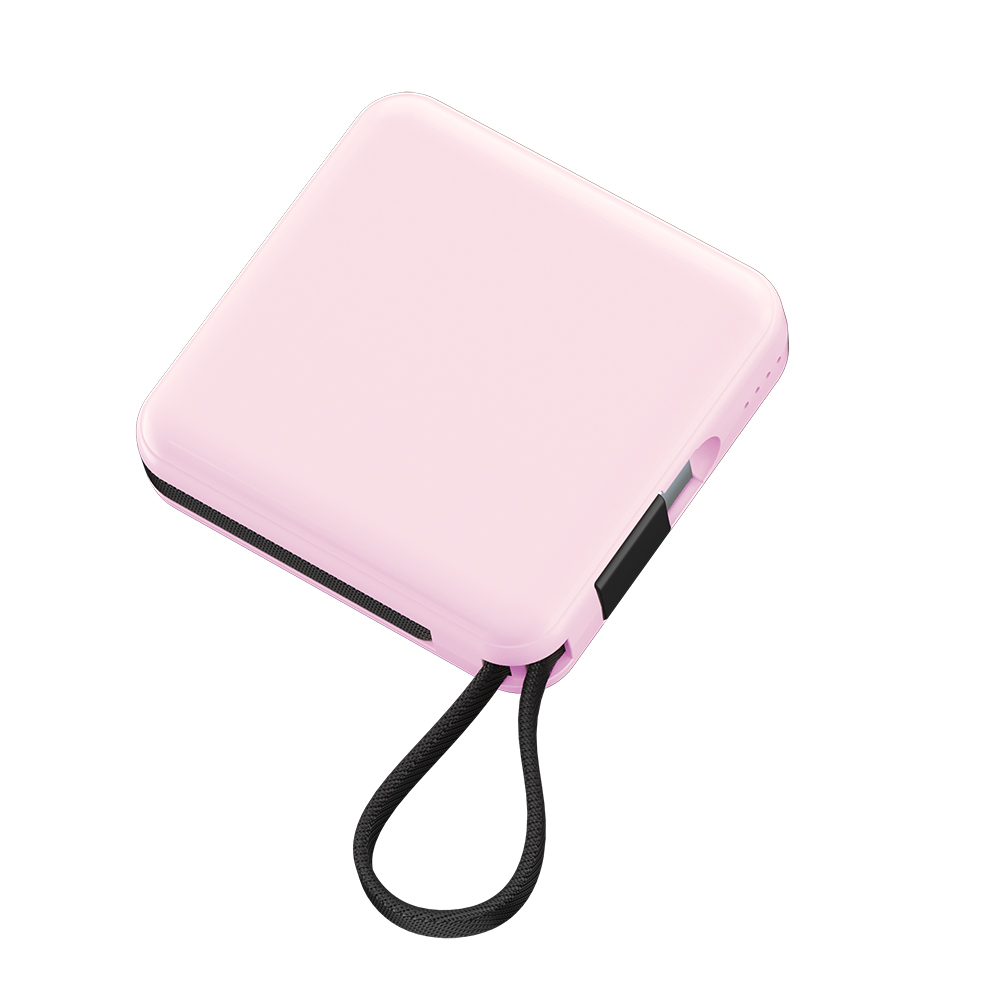 Raptic Lightning ve Type-C Kablolu Dijital LED Göstergeli Askılı Powerbank 5000mAh Kompakt ve Taşınabilir Tasarım - Pembe