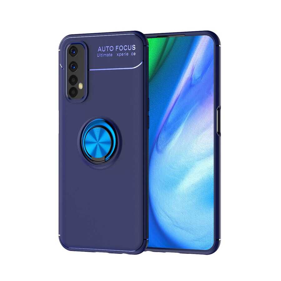 Realme 7 Yüzüklü Standlı Silikon Kılıf Mavi + Nano Ekran Koruyucu