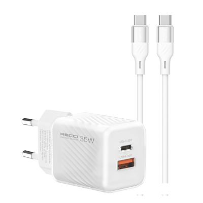 Recci RC83ECC GaN Teknolojili Hızlı Şarj Başlığı USB-A to Type-C PD 35W Kablolu Şarj Seti - Recci