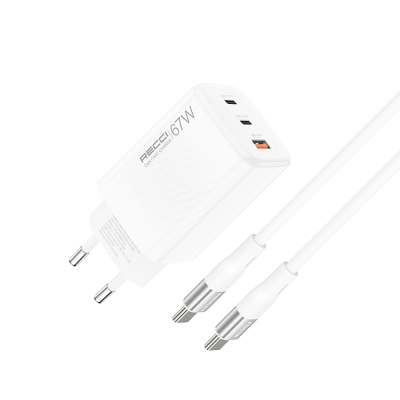 Recci RC85E GaN Teknolojili Hızlı Şarj Başlığı USB-A to Type-C PD 67W Kablolu Şarj Seti - Recci