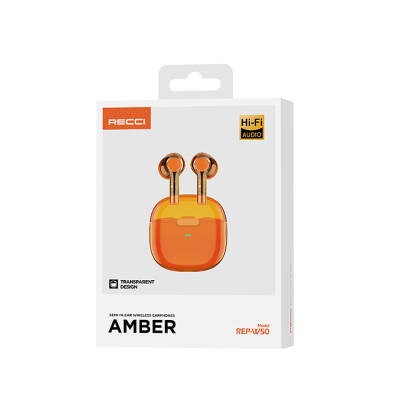 Recci REP-W50 Şeffaf Tasarım Hi-Fi Ses Kaliteli Bluetooth v5.3 Amber Serisi Kulak İçi Kulaklık - 10