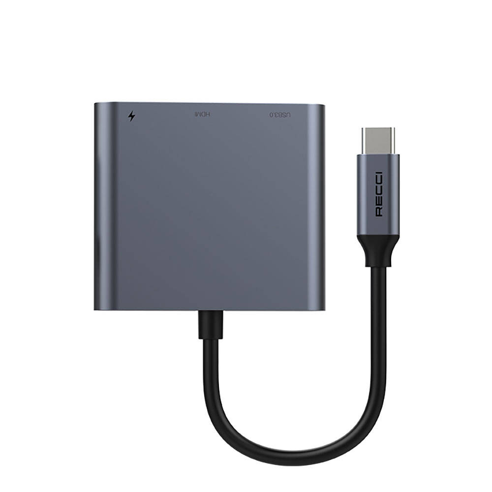 Recci RH05 Type-C to Type-C PD100W + HDMI 4K@30Hz + USB3.0 Bağlantı Özellikli 3in1 Hub - Gri