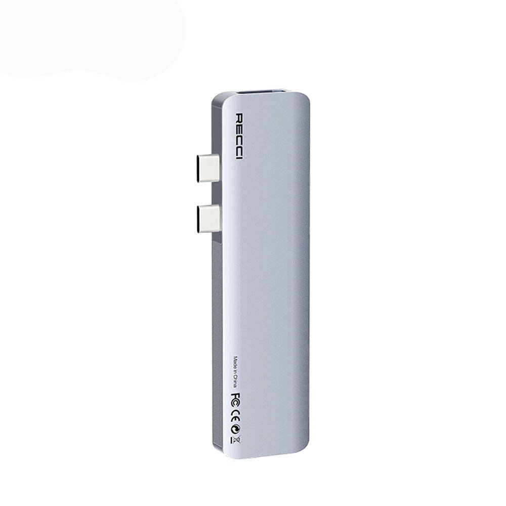 Recci RH08 Type-C to Type-C + SD/TF + USB3.0 + USB2.0 + HDMI + Thunderbolt 3 Bağlantılı 7in2 Hub - Gri
