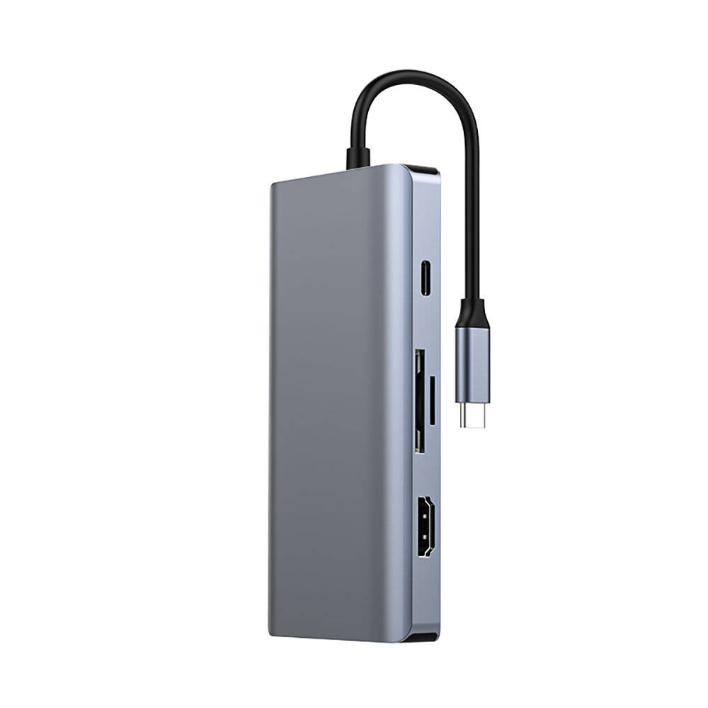 Recci RH09 Type-C to Type-C + SD/TF + USB3.0 + USB2.0 + HDMI + VGA + RJ45 Bağlantılı 9in1 Hub - Gri