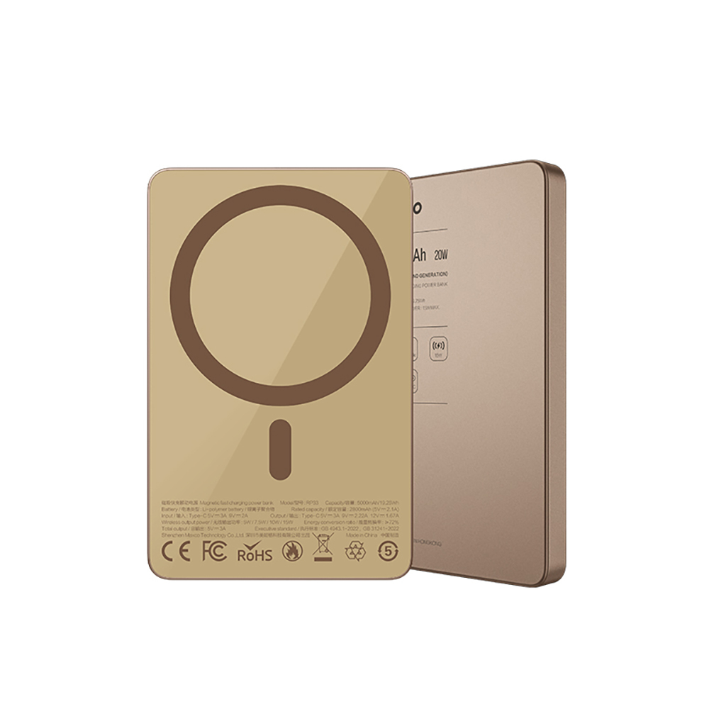 Recci RP33 PD 20W Ultra İnce Led Göstergeli Hızlı Şarj Özellikli Wireless Powerbank 15W 5000mAh - Gold