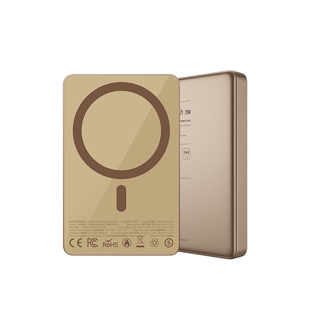 Recci RP35 PD 20W Led Göstergeli Hızlı Şarj Özellikli Wireless Powerbank 15W 10000mAh - Gold
