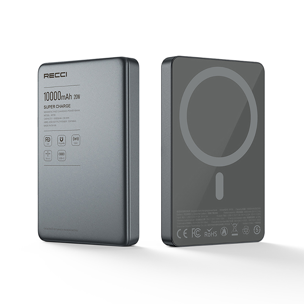 Recci RP35 PD 20W Led Göstergeli Hızlı Şarj Özellikli Wireless Powerbank 15W 10000mAh - Gri