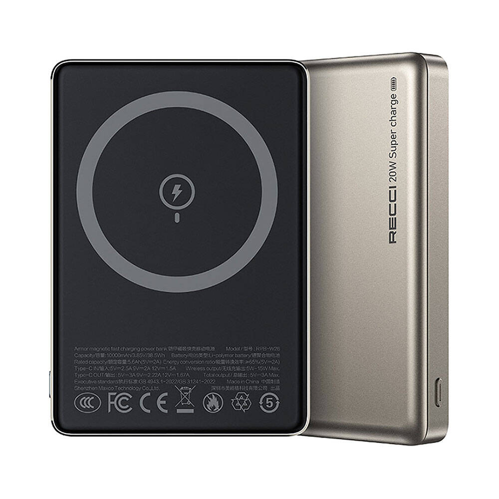 Recci RPB-W26 Armor Serisi Ultra İnce PD 20W Hızlı Şarj Özellikli Wireless Powerbank 15W 10000mAh - Gold