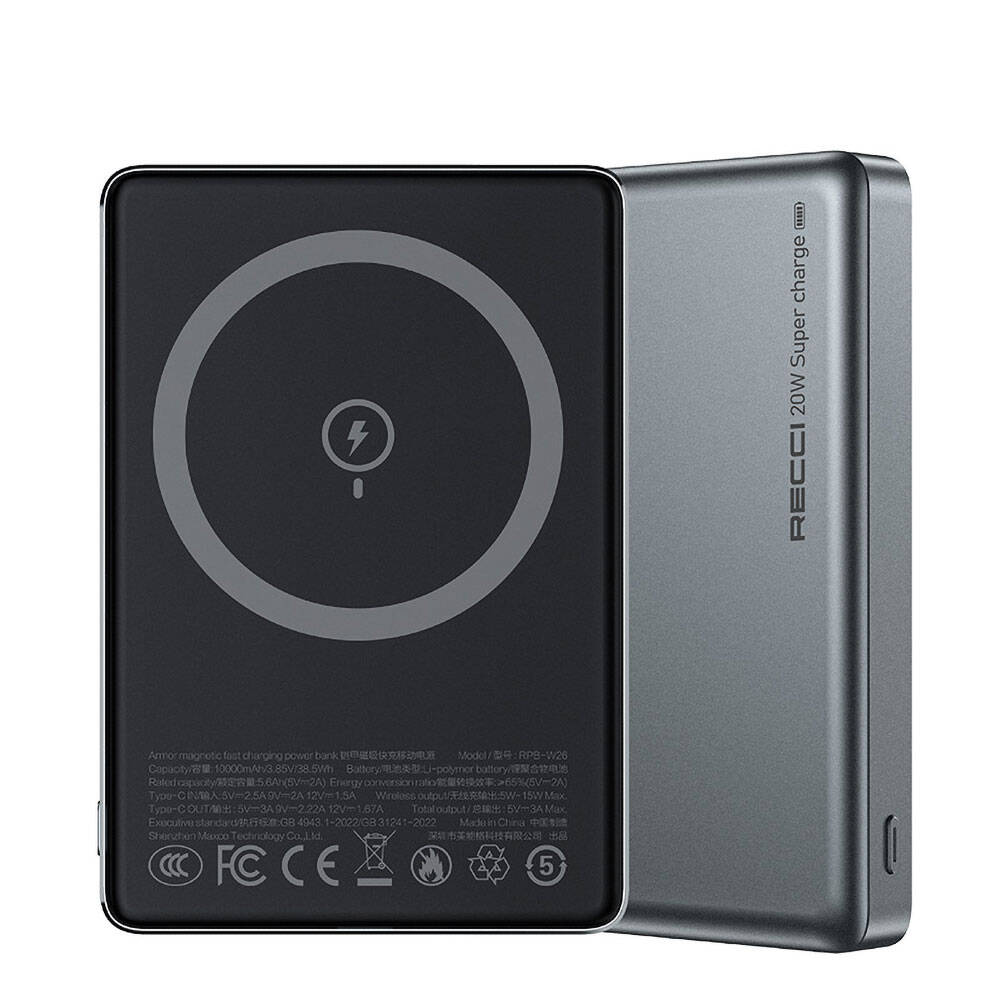 Recci RPB-W26 Armor Serisi Ultra İnce PD 20W Hızlı Şarj Özellikli Wireless Powerbank 15W 10000mAh - Gri