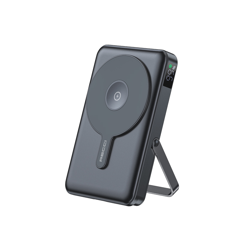 Recci RPB-W27 Galaxy Serisi Dijital LED Göstergeli Kablosuz Şarj Özellikli Type-C ve Lightning Kablolu Powerbank 20W 10.000mAh - Siyah